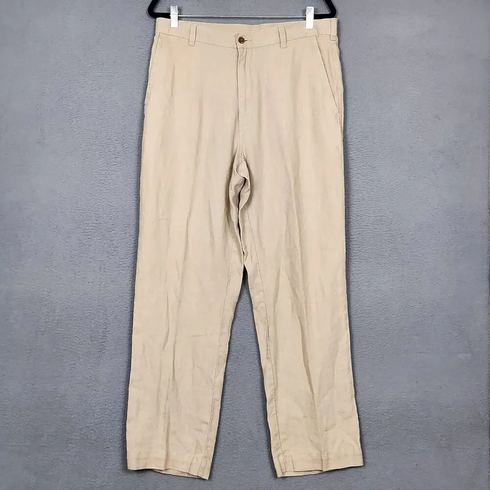 Jos A Bank Pants Mens 34x30 Beige Linen Flat Front Chino Casual Summer